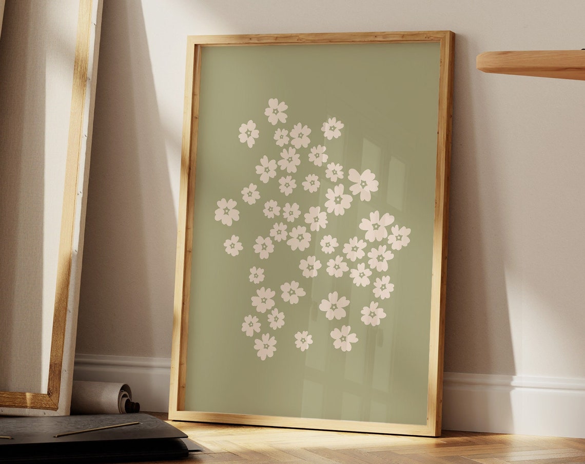 Muted Sage Green With White Wildflowers Minimalist Botanical Wall Art