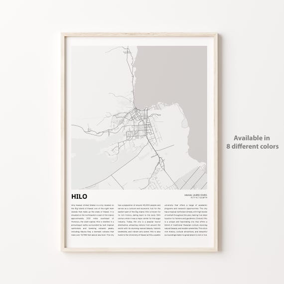 Hilo Map Print Travel Wall Decor Art Hawaii Housewarming Gift