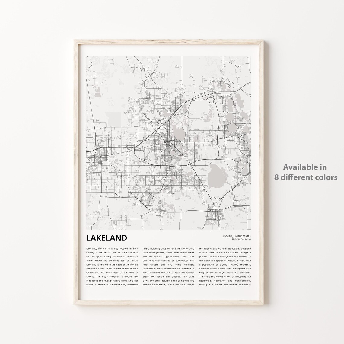 Lakeland Florida Minimalist City Street Map Travel Poster Gift