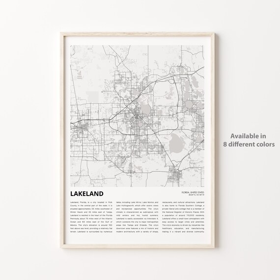 Lakeland Florida Minimalist City Street Map Travel Poster Gift