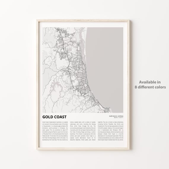Gold Coast Map Print Travel Wall Decor Art Queensland Housewarming Gift