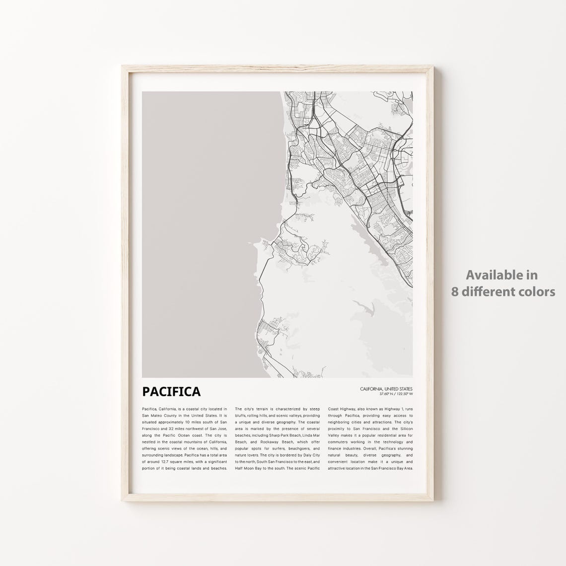 Pacifica California Coastal Minimalist City Street Map Poster
