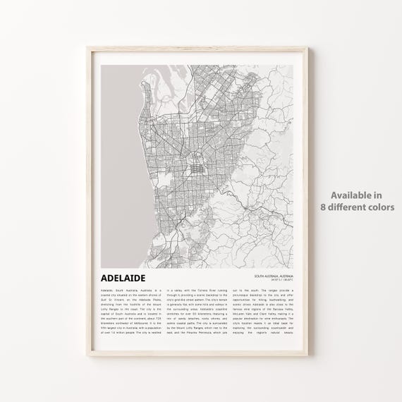 Adelaide Map Print Travel Wall Decor Art South Australia Housewarming Gift Poster