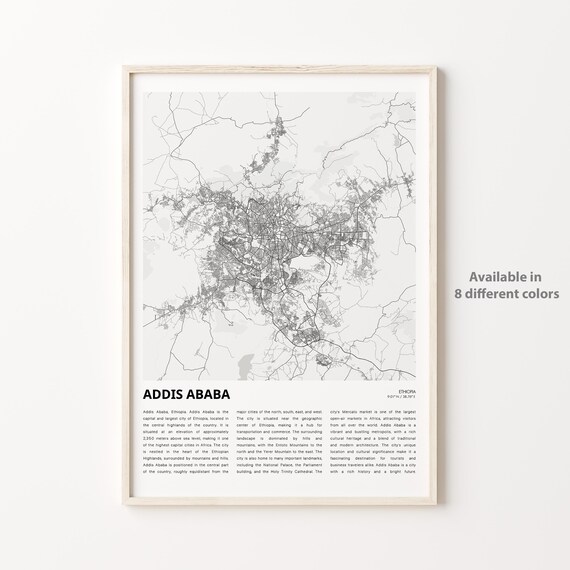 Addis Ababa Ethiopia Minimalist Black and White City Street Map Poster