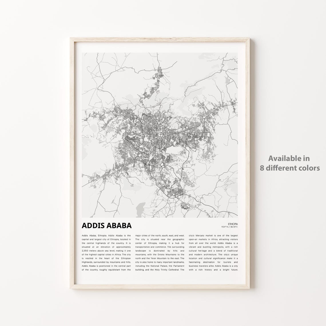 Addis Ababa Ethiopia Minimalist Black and White City Street Map Poster