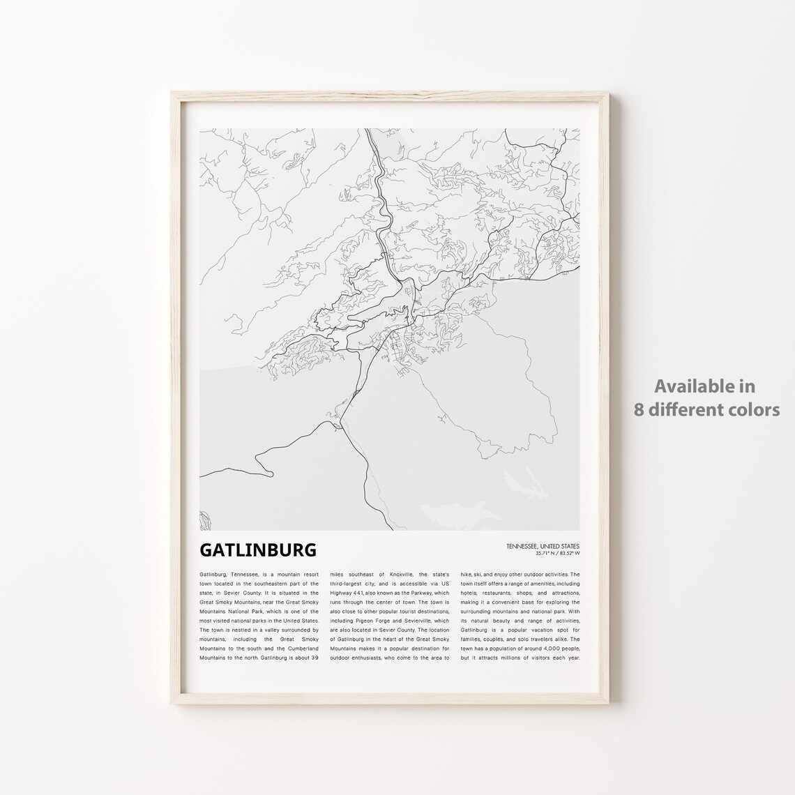 Gatlinburg Tennessee City Map Print Minimalist Travel Wall Decor