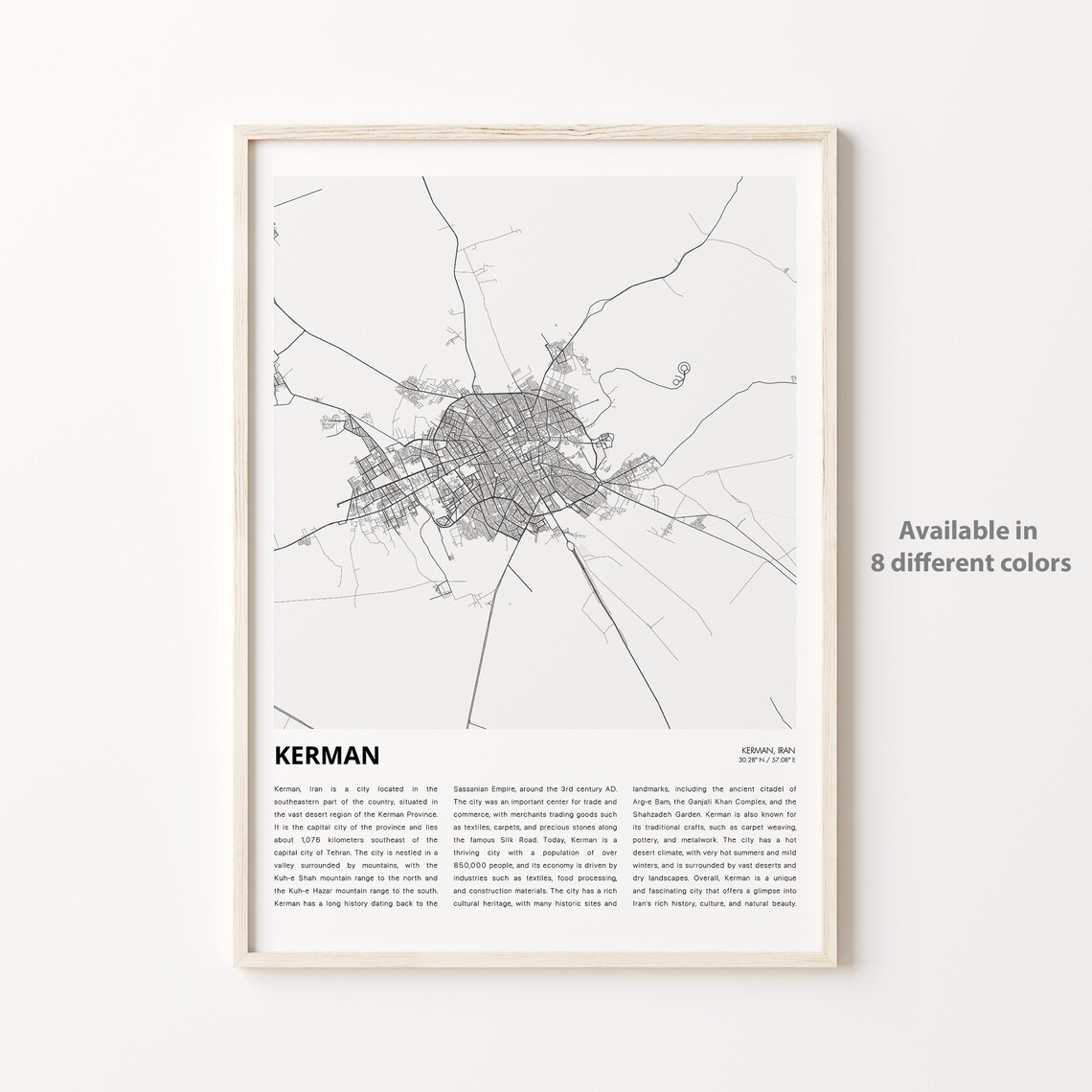 Kerman Iran Minimalist City Street Map Travel Wall Art Decor