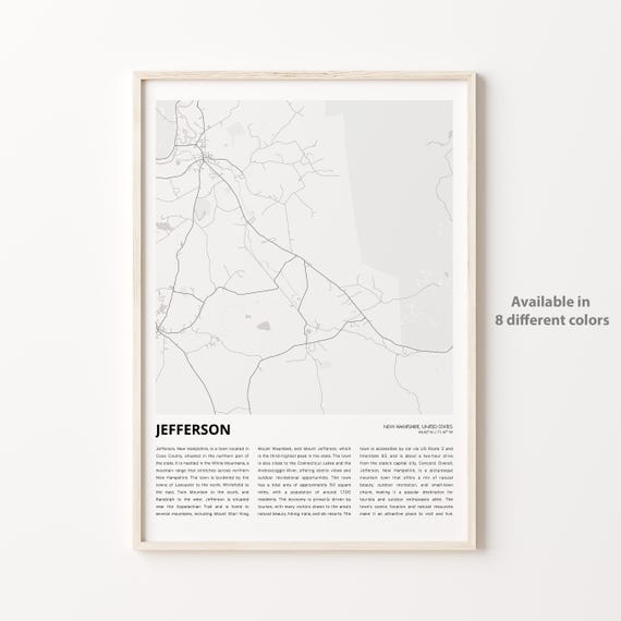 Jefferson Map Print Travel Wall Decor Art New Hampshire Housewarming Gift