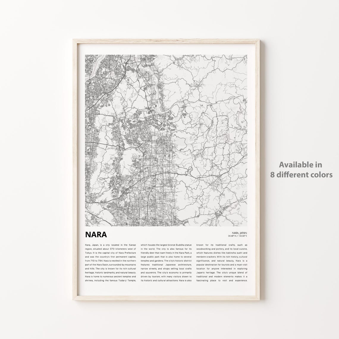 Nara Japan Minimalist Black and White Ancient City Street Map Poster