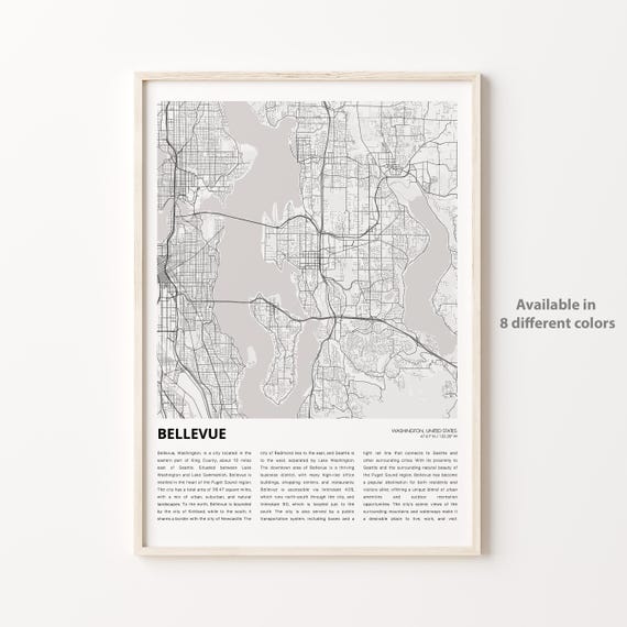 Bellevue Map Print Travel Wall Decor Art Washington Housewarming Gift