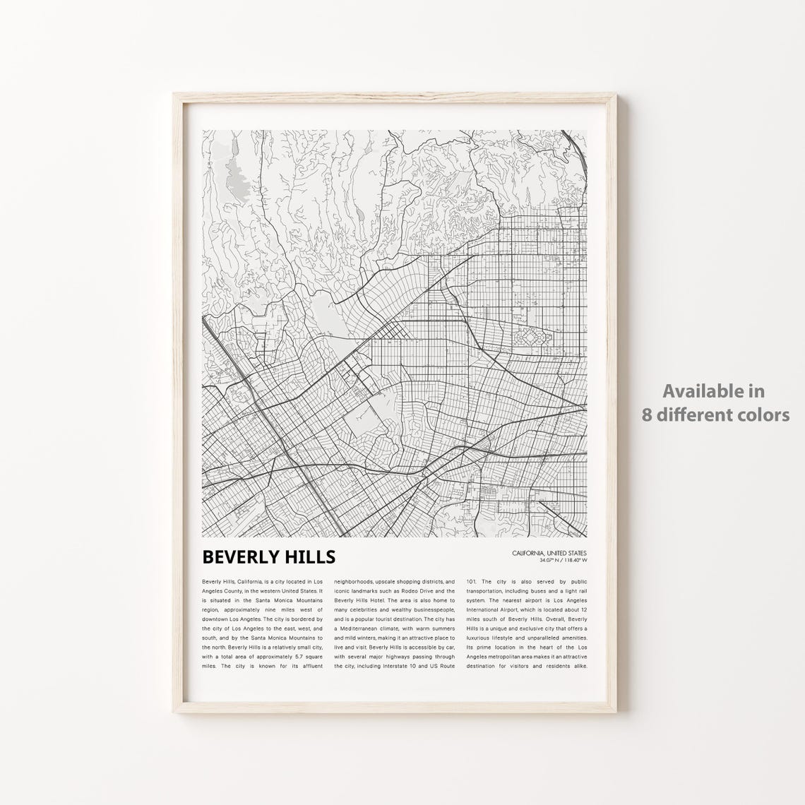 Beverly Hills California City Street Map Minimalist Travel Wall Art