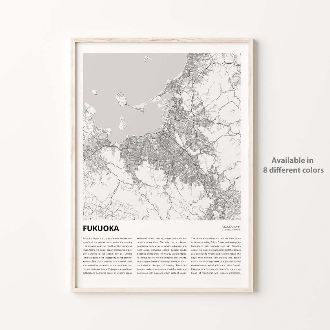 Fukuoka Japan Black and White Street Map Minimalist Wall Art