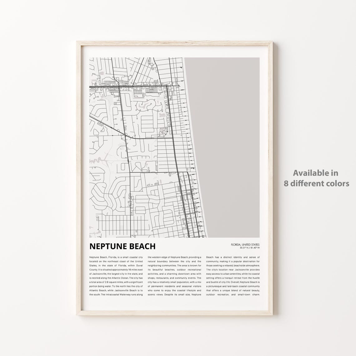 Neptune Beach Map Print Travel Wall Decor Art Florida Housewarming Gift