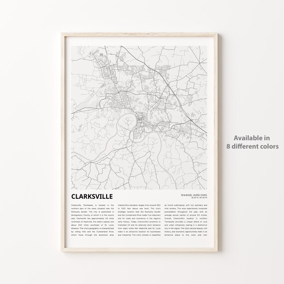 Clarksville Tennessee Minimalist City Street Map Travel Poster