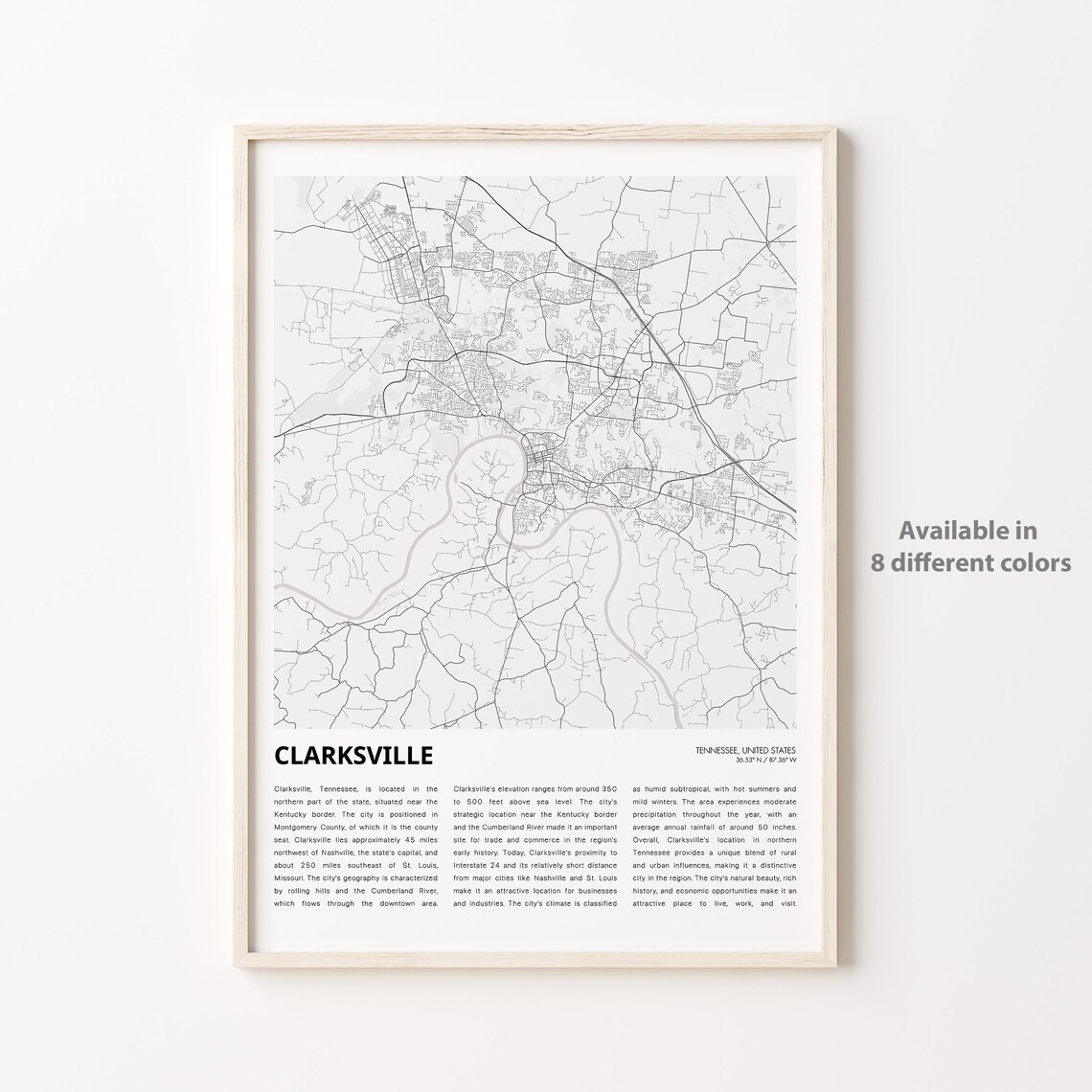 Clarksville Tennessee Minimalist City Street Map Travel Poster
