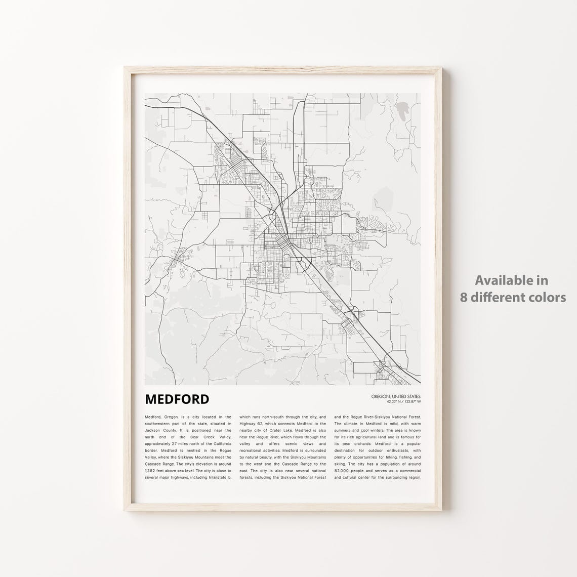 Medford Oregon Custom Street Map Minimalist Home Decor Poster