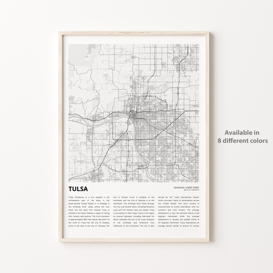 Tulsa Oklahoma City Street Map Minimalist Black White Travel Poster