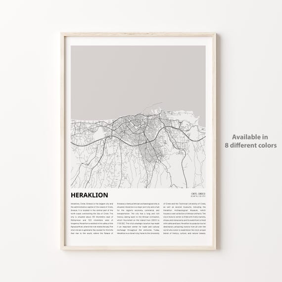 Heraklion Map Print Travel Wall Decor Art Crete Housewarming Gift