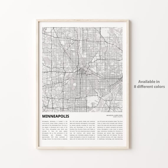 Minneapolis Map Print Travel Wall Decor Art Minnesota Housewarming Gift