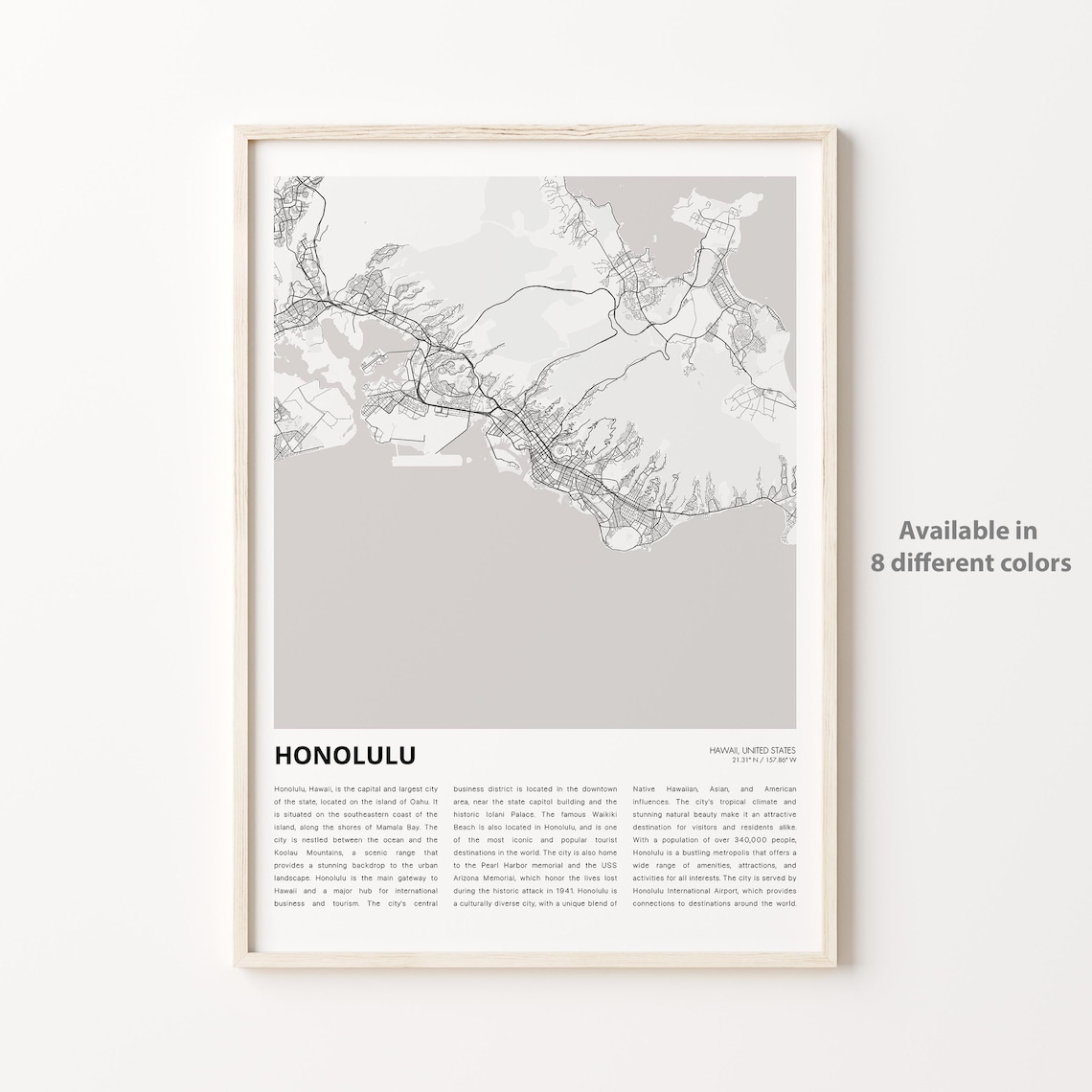 Honolulu Hawaii Minimalist City Island Oahu Street Map Wall Art