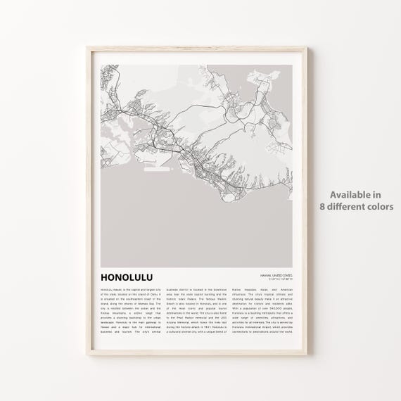 Honolulu Map Print Travel Wall Decor Art Hawaii Housewarming Gift