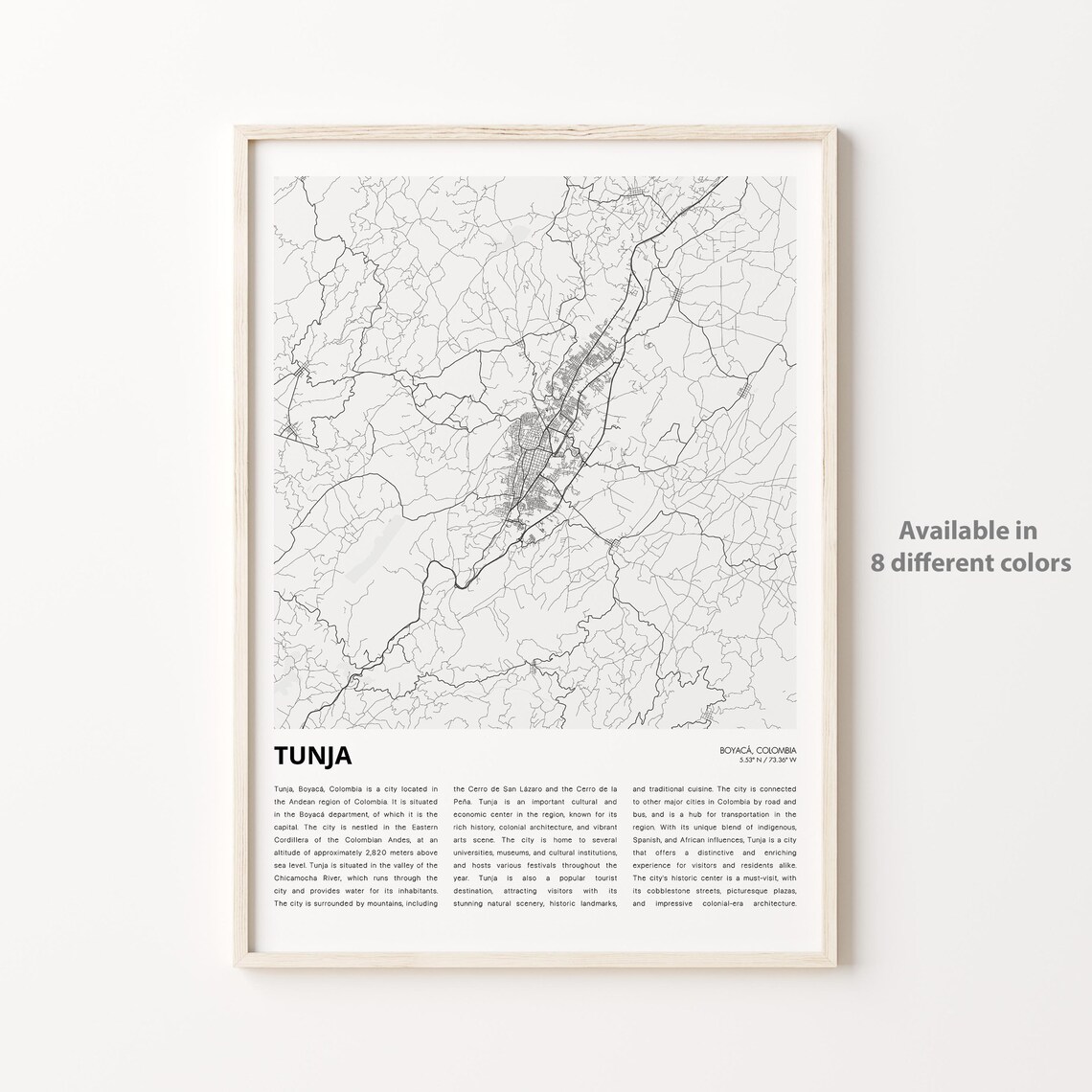 Tunja Colombia City Street Map Minimalist Black White Travel Poster