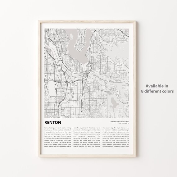 Renton Washington Minimal Street Map Puget Sound City Poster
