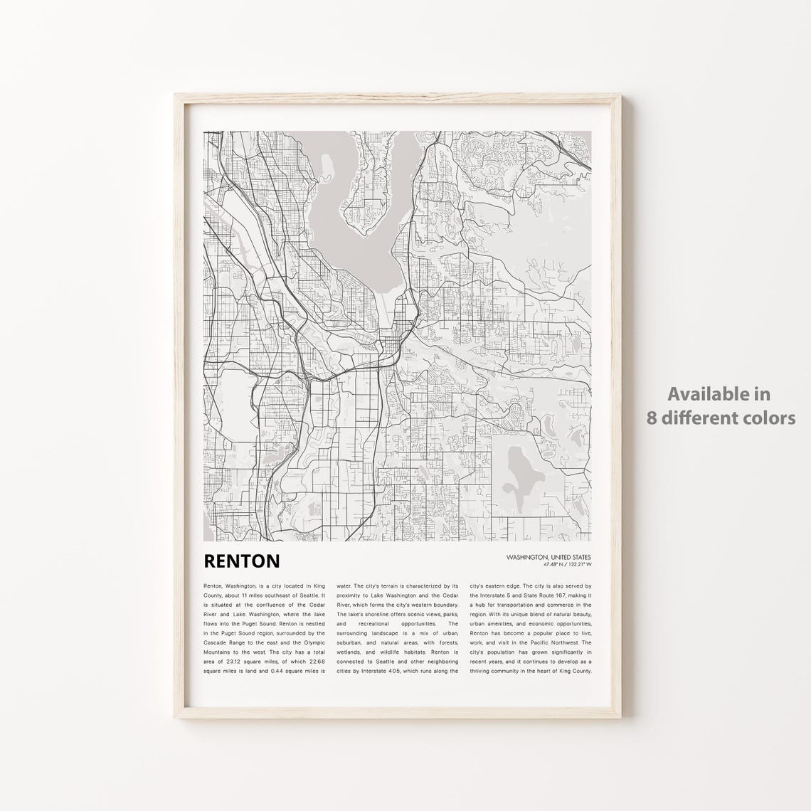 Renton Washington Minimal Street Map Puget Sound City Poster
