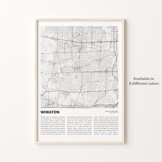 Wheaton Illinois Chicago Suburb Minimalist Black and White Map Wall Art