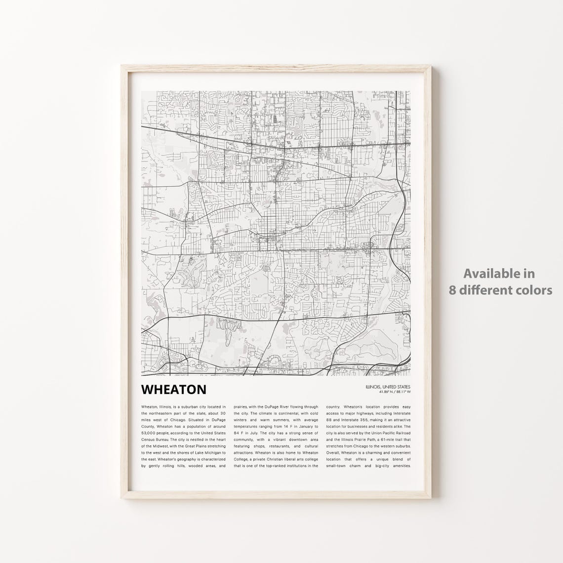 Wheaton Illinois Chicago Suburb Minimalist Black and White Map Wall Art
