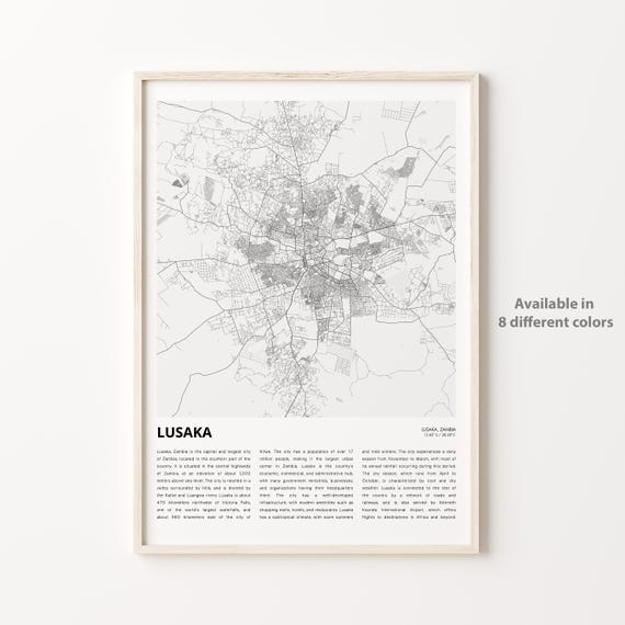 Lusaka Map Print Travel Wall Decor Art Housewarming Gift