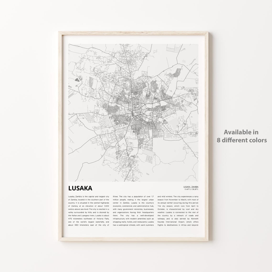 Lusaka Map Print Travel Wall Decor Art Housewarming Gift