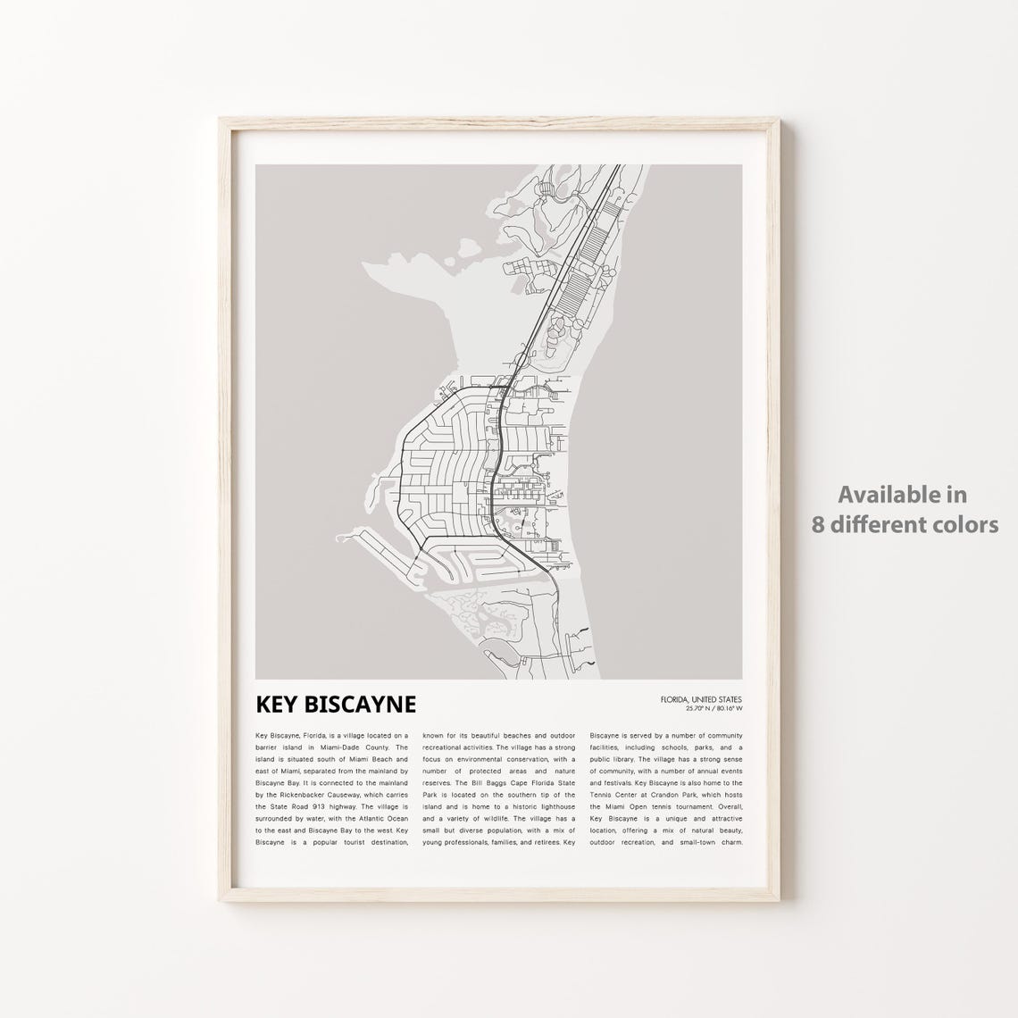 Key Biscayne Map Print Travel Wall Decor Art Florida Housewarming Gift