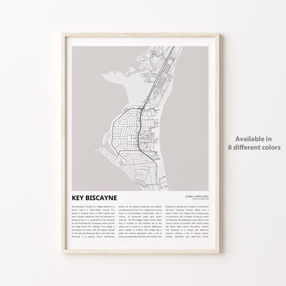 Key Biscayne Map Print Travel Wall Decor Art Florida Housewarming Gift