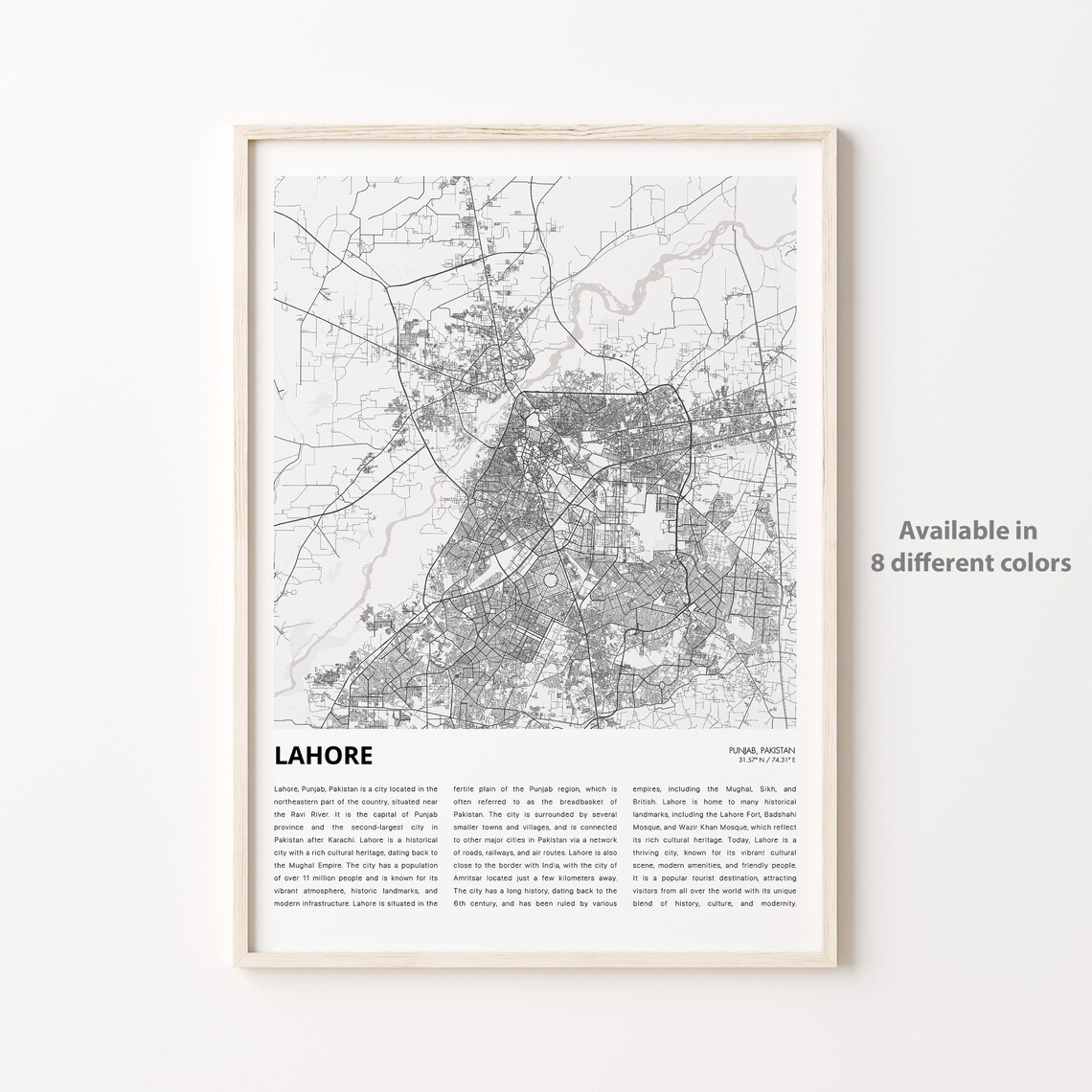 Lahore Punjab Pakistan City Map Monochrome Travel Wall Poster