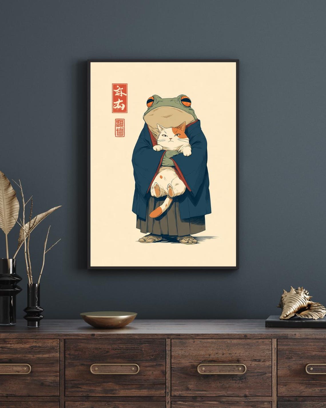 Japanese Frog Monk Holding Cat Vintage Animal Scroll Art Style Poster