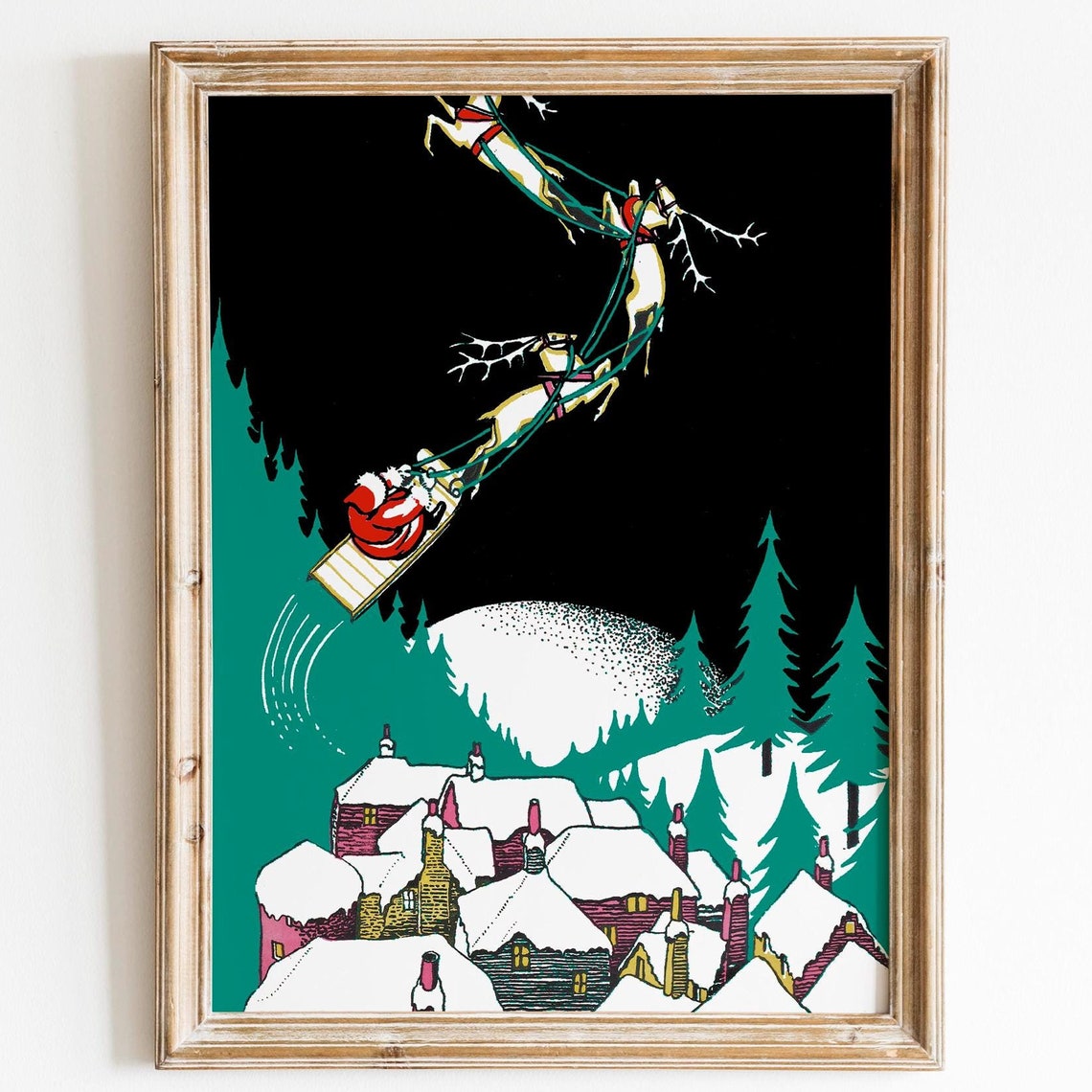 Santa Claus Sleigh Night Flight Snowy Town Christmas Decor Poster