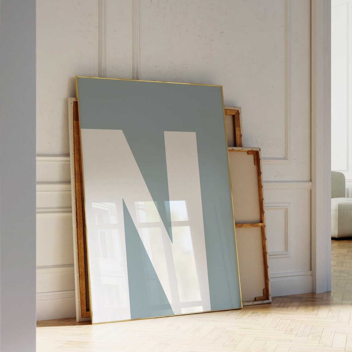 Letter N Monogram Poster Bold White Initial Alphabet Art on Soft Blue