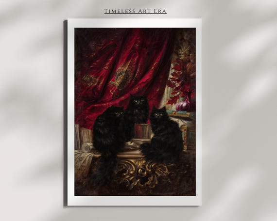 Three Black Cats Before Red Silk Curtain Oil Painting Poster