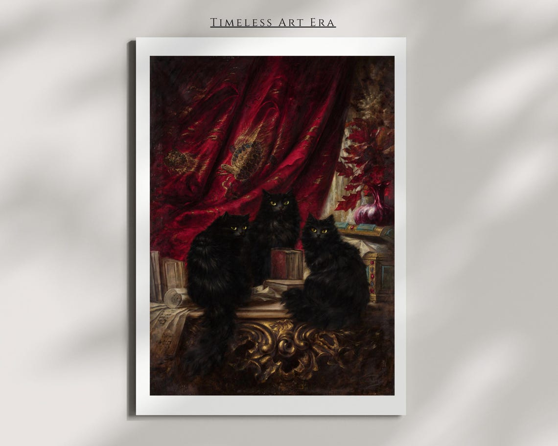 Three Black Cats Before Red Silk Curtain Oil Painting Poster