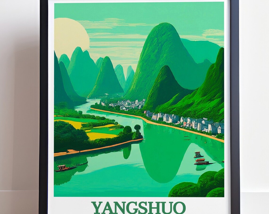 Yangshuo Scenic Karst Peaks Over Li River Boats China Travel Poster - Image 4