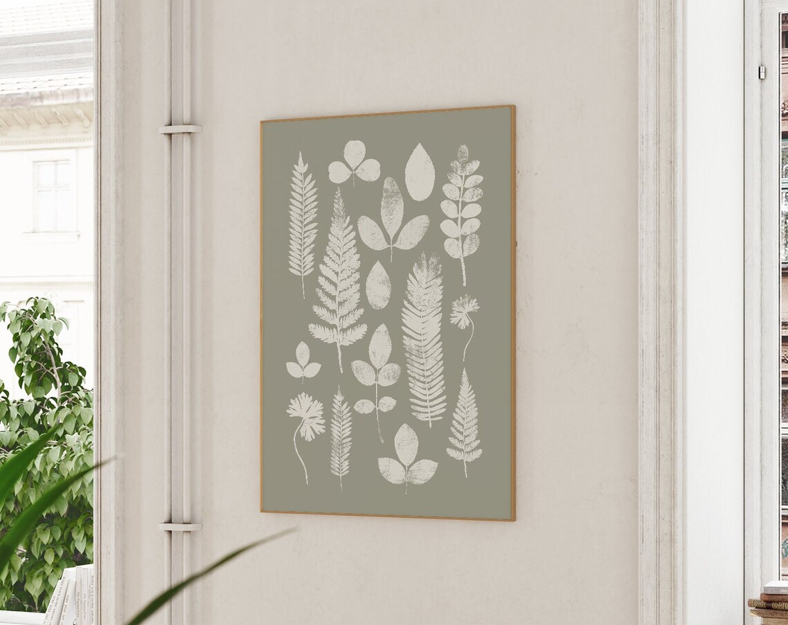Vintage White Leaf Stamp Botanical Fern Sage Gray Art Poster