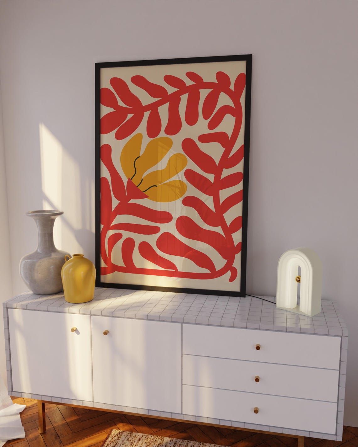 Red Yellow Abstract Floral Cutout Botanical Modern Art Poster