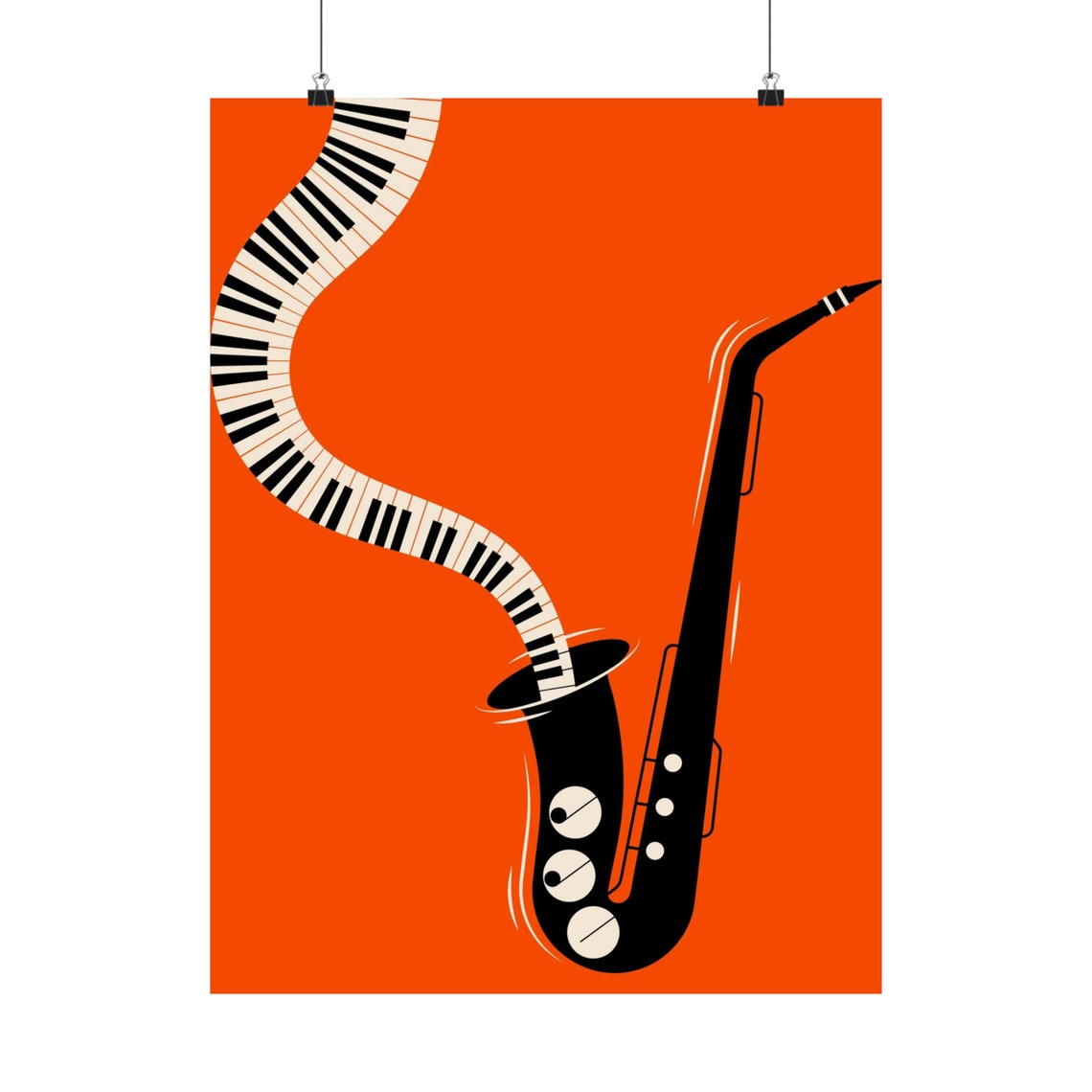 Bold Orange Jazz Saxophone Piano Keys Modern Music Art Poster
