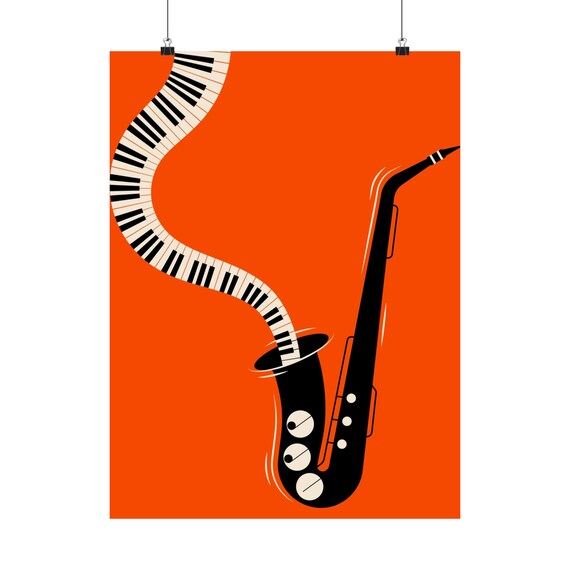 Bold Orange Jazz Saxophone Piano Keys Modern Music Art Poster