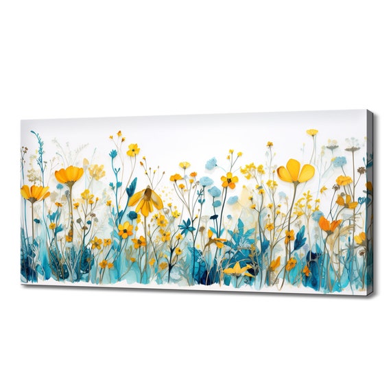 Teal Yellow Blue Wildflowers Meadow Wall Art Print