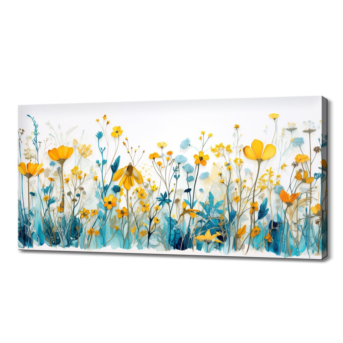 Teal Yellow Blue Wildflowers Meadow Wall Art Print