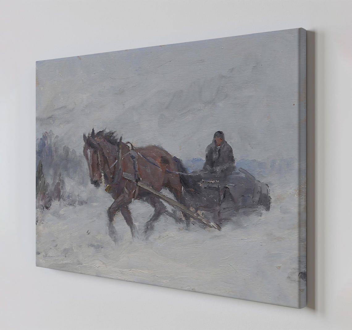 Horse Sleigh Blizzard Winter Storm Rider Impressionist Painting Print