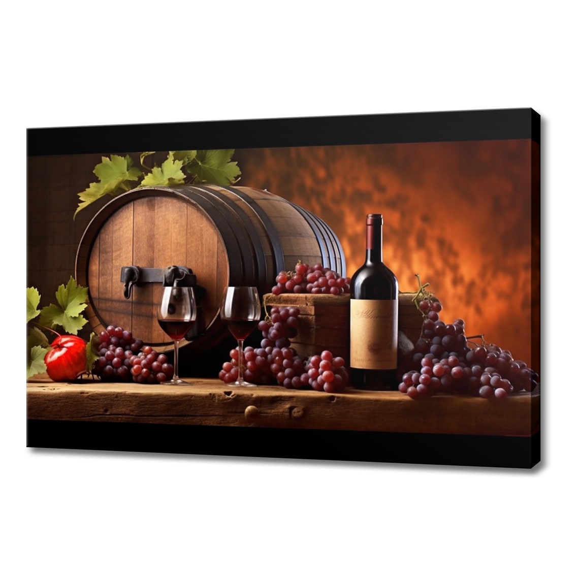 Wine Barrel Tap Two Glasses Grapes Rustic Warm Winery Art Poster