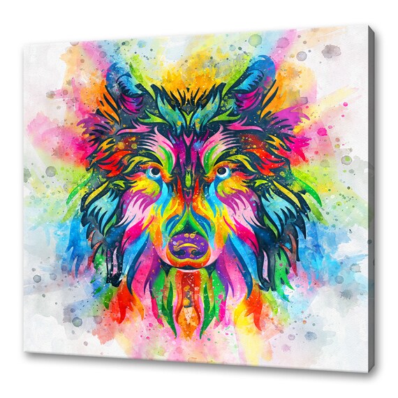 Colourful Watercolour Wolf Head Rainbow Splash White Background Art Poster